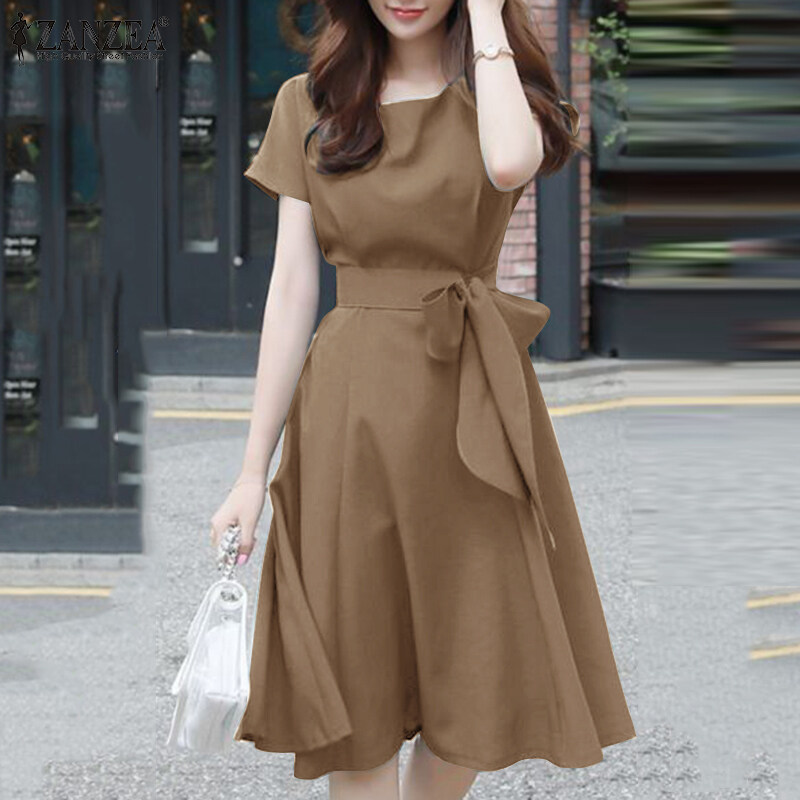 ZANZEA Women Summer Casual Short Sleeved Round Neck Dresses Baggy Midi Dress  #11 | Daraz.com.bd