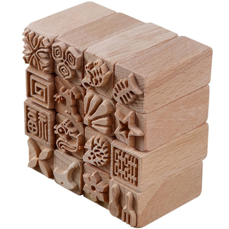 Hand Carved Wooden Stamps Wood Seal for Printing DIY Clay Pottery Printing Blocks Clay Tool Fish Bone / Squirrel / Flower / Deer SnowWhite. 