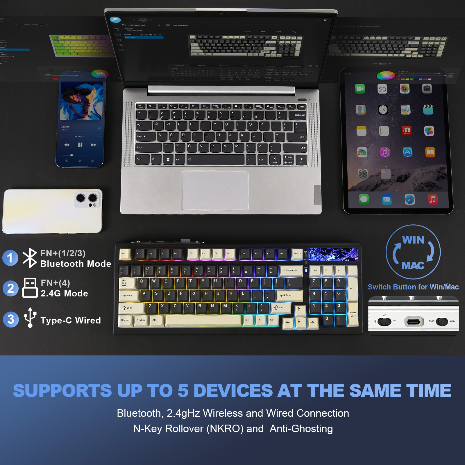 YUNZII YZ98 Black Mechanical Gaming Keyboard, 99-Key Hot Swap Gasket Keyboard, 98% 1800 Layout Wireless RGB Full-Size Keyboard. 