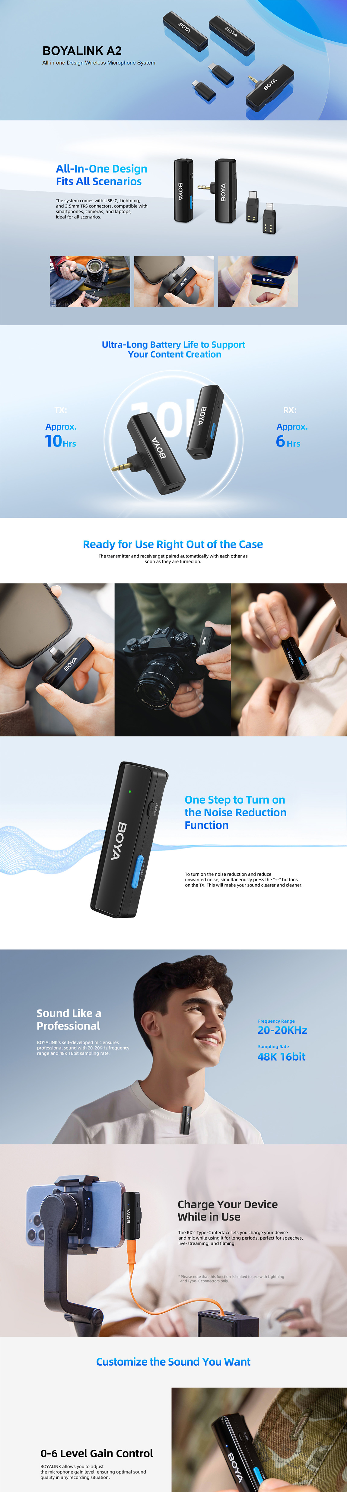 Boya BOYALINK A2 All-in-one Design Wireless Microphone System description image