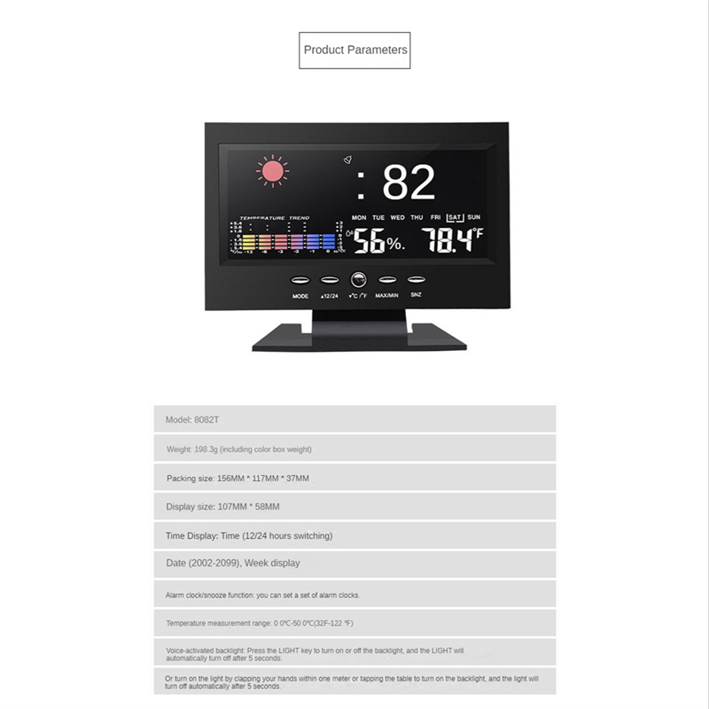 1Set Weather Forecast Station Temperature Humidity Time Date Display Clock Home Black. 