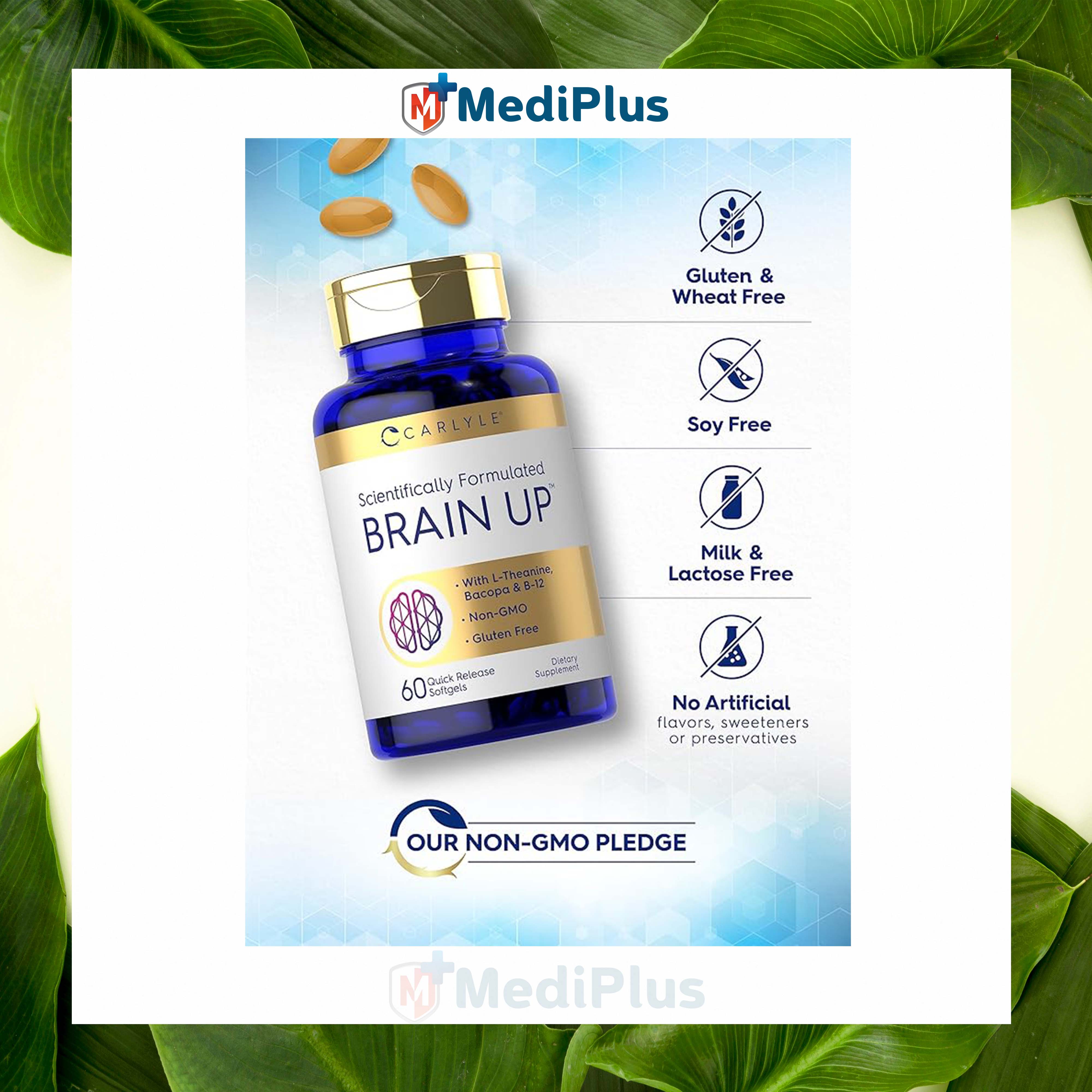Carlyle Brain Up Supplement | 60 Softgels | with L-Theanine, Bacopa & B-12 | Non-GMO, Gluten Free. 