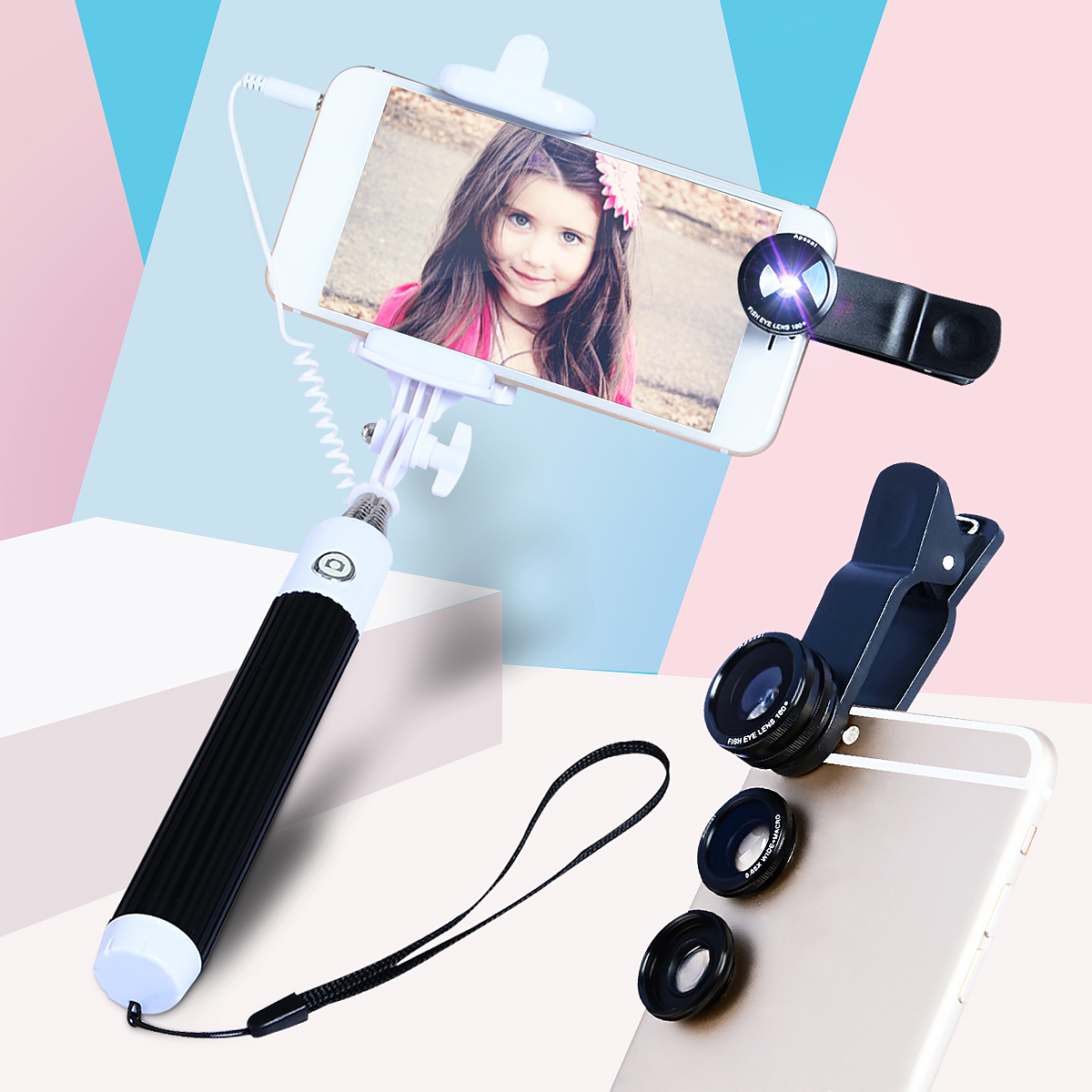 3 In1 Phone Camera Lens Kit Fisheye Wide Angle Macro Telephoto Lens with Selfie Stick Monopod. 