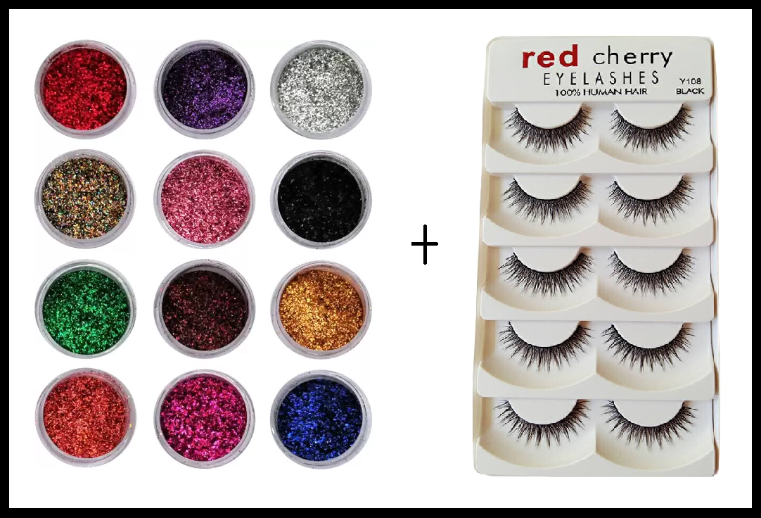 Combo of MUA Glitter Eyeshadow 12pcs set - eyeshadow palette and Eye lashes. 