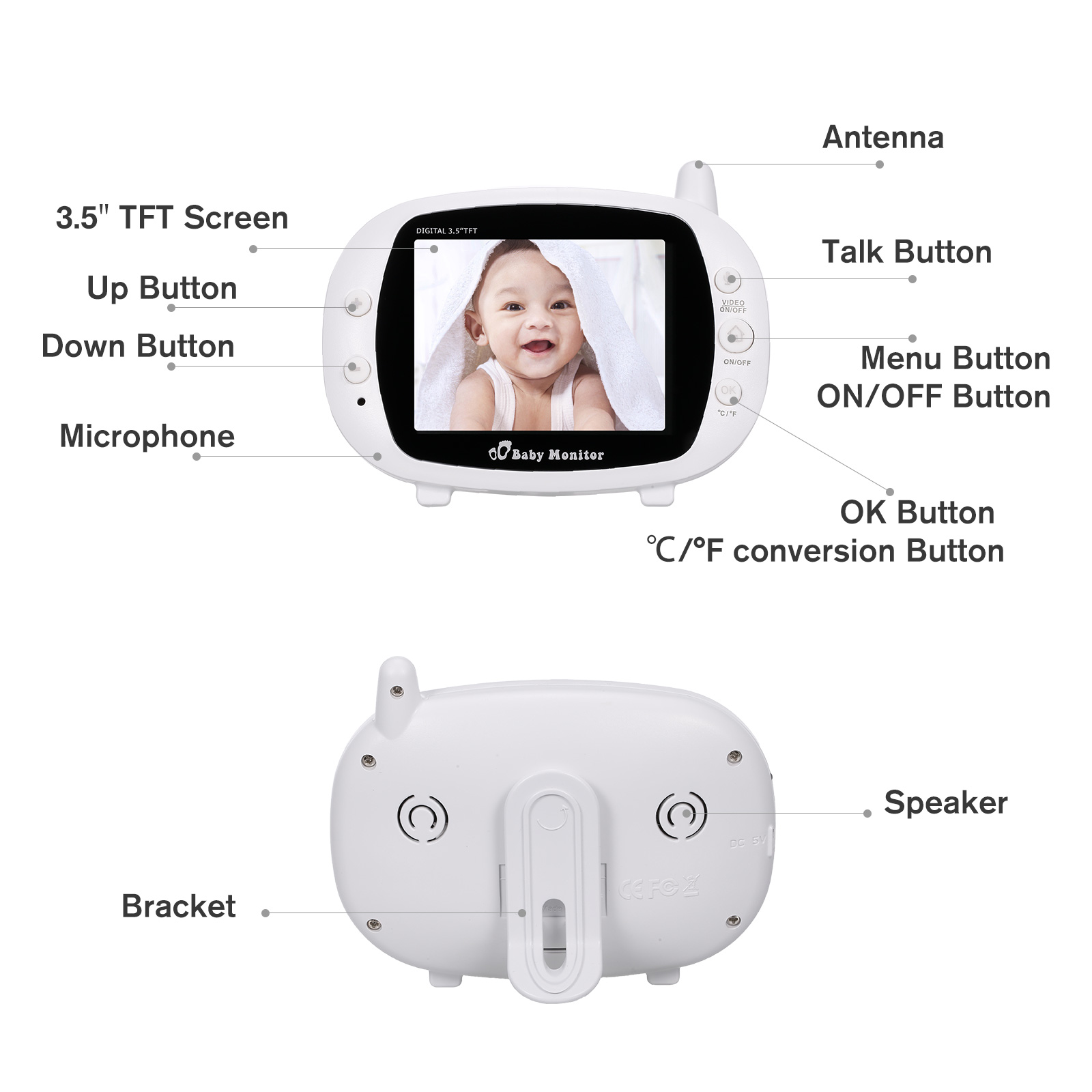 Wireless Audio Baby Monitor Digital Video Baby Monitor 3.5-Inch Color TFT with 5 Lullabies Infrared Night Vision Two-way Talk Back Temperature Detection. 