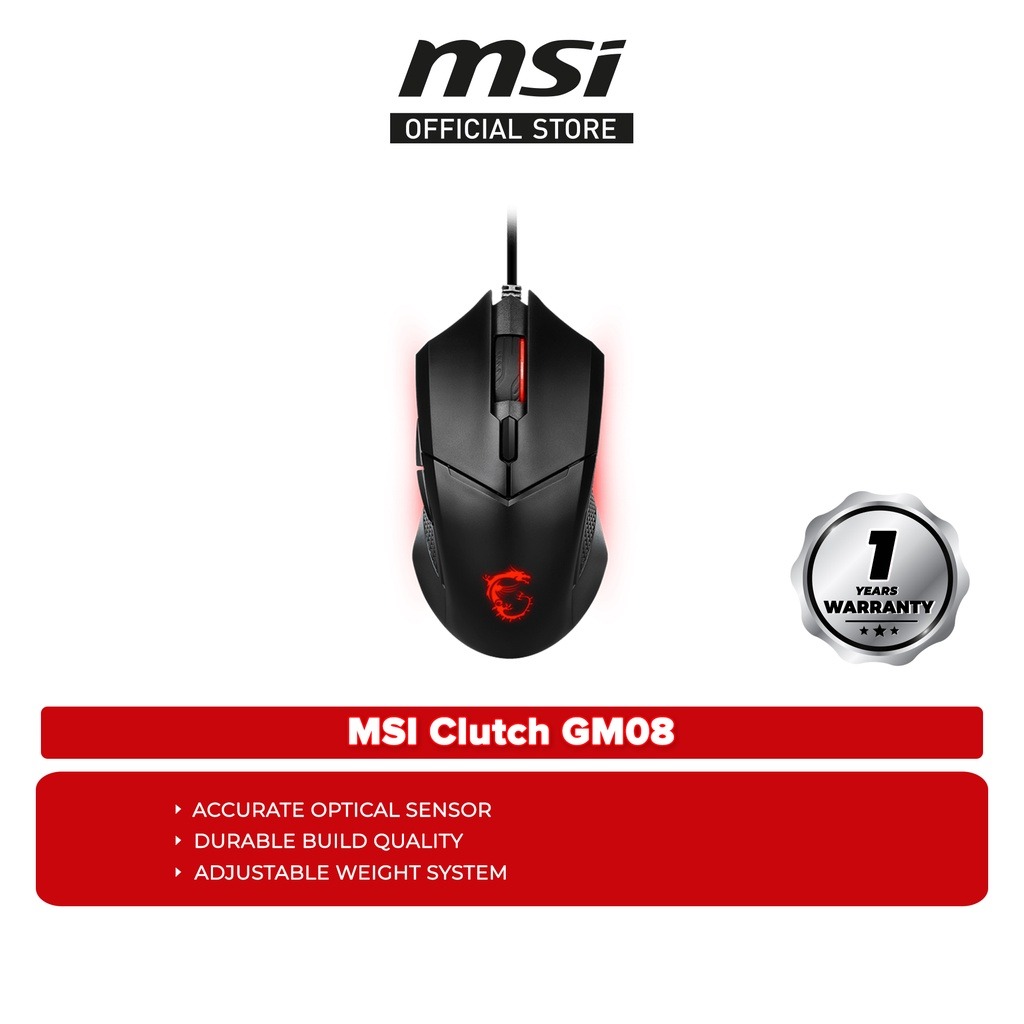 MSI Clutch GM08 Gaming Mouse, 4200 DPI, Optical Sensor, 3 Adjustable Weights, Red LED Lighting, Symmetrical Design, Black. 