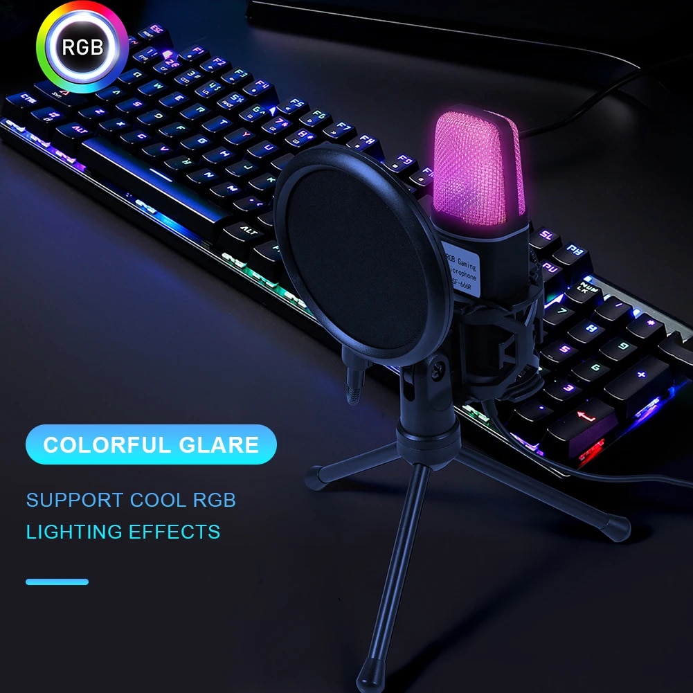 Professional Wired Microphone with Tripod Stand PC Condenser Mic RGB USB Recording Gaming Microphone for Computer Laptop Desktop. 