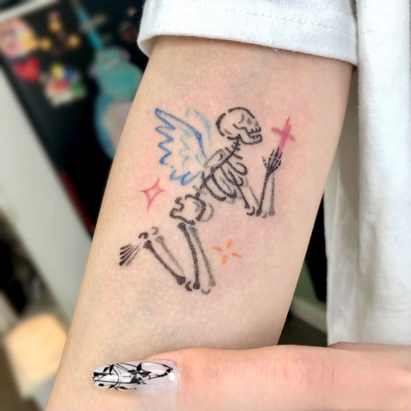 Colorful free dance skeleton tattoo sticker pious wish rebirth free happy ins wind sweet cool babes tattoo