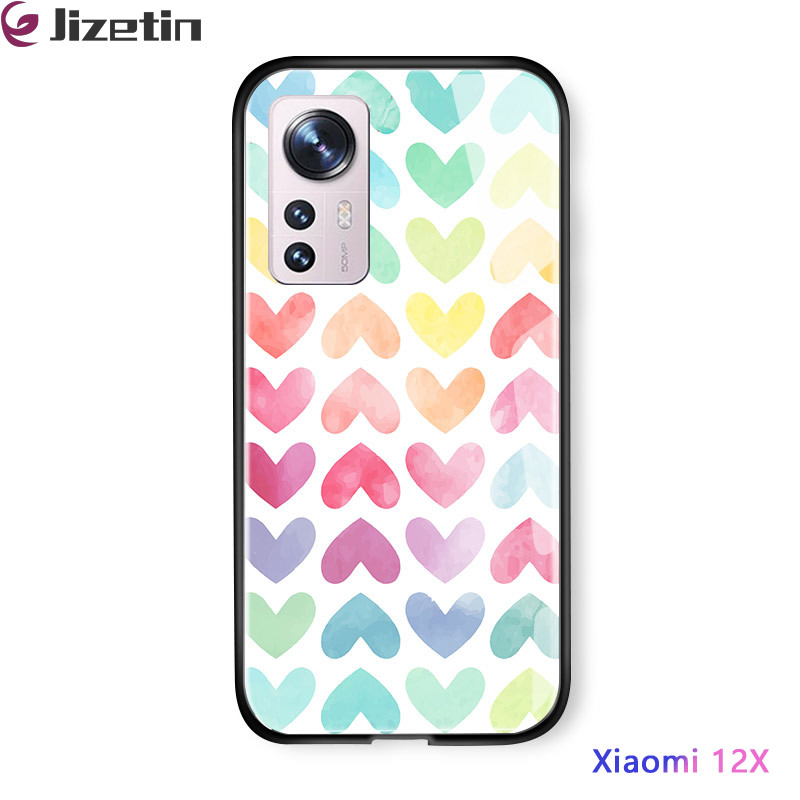 Jizetin for Xiaomi 12X / 12 Glass Back Cover Decorative Pattern Glossy Tempered Glass Shockproof Soft Edge Phone Cases