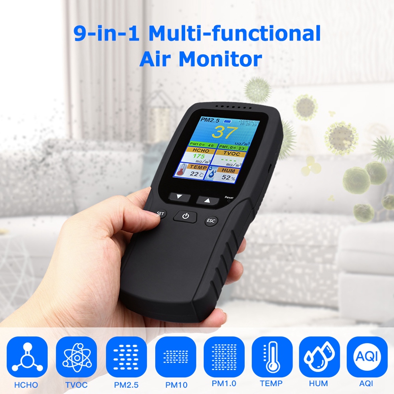 9 in 1 Air Quality Monitor Indoor Outdoor PM2.5, PM1.0, PM10, HCHO, Detector Tester Temperature and Humidity Sensor. 