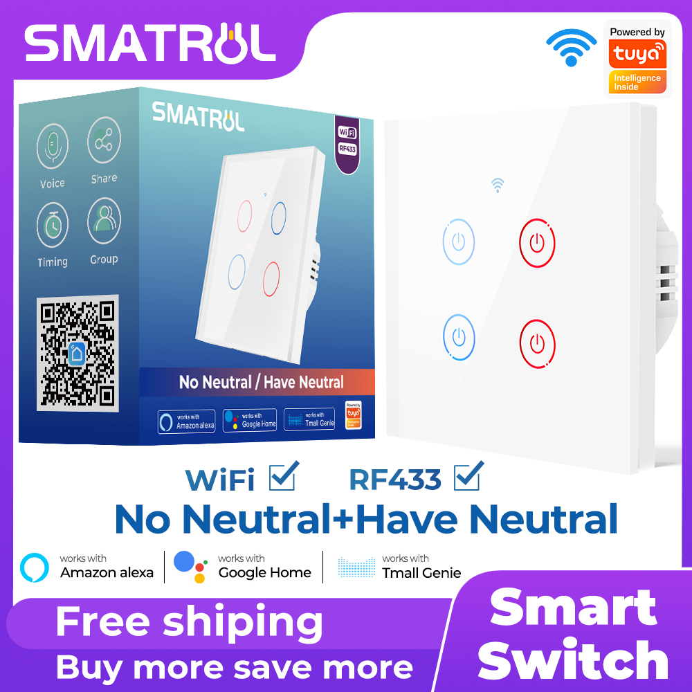 SMATRUL - Smart Wifi Switch - 1/2/3/4 Gang - Wifi Light Switch - RF 433 MHZ - 100V-240V - EU Standard - for Alexa and Google Home. 