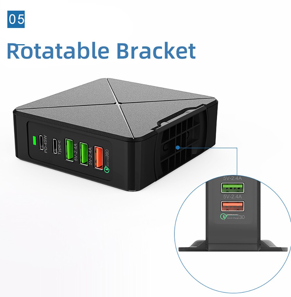 75W 5 Port USB C PD Charger Quick Charge Type C Wireless Fast Charging Travel Power Adapter with Desktop For Iphone Samsung. 