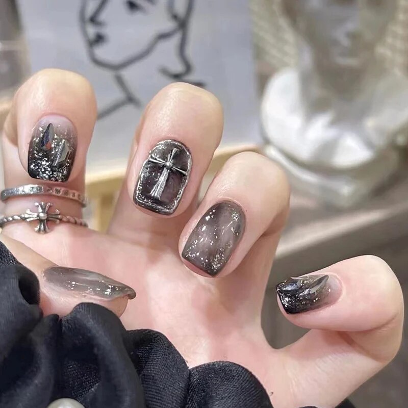 Black Y2K Nails with Glue Artificial Nails Tips with Matte Black Rose Designs Press on Nail False Nails Set Nail Art Tool. 