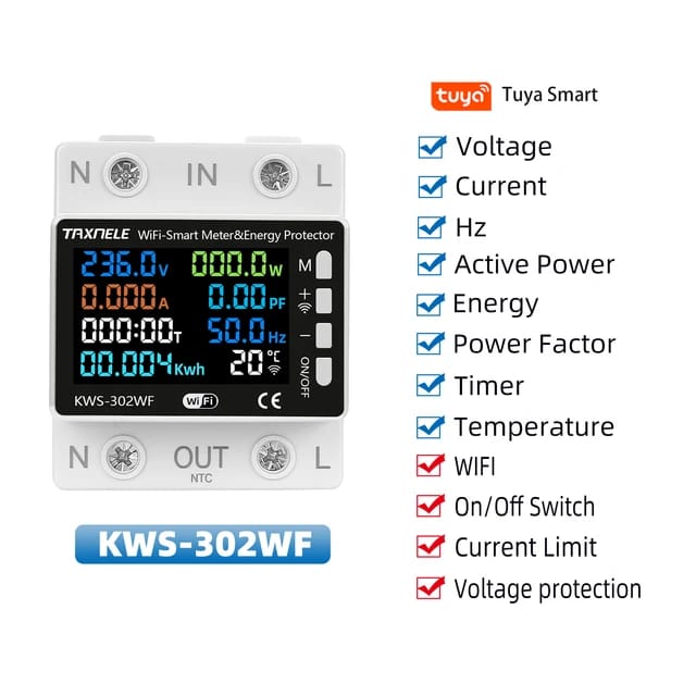 TAXNELE TUYA WiFi 2P 63A Smart Power Meter Over Under Voltage Protection Relay Switch Circuit Breaker Energy kWh Temperature Meter Smart Life. 