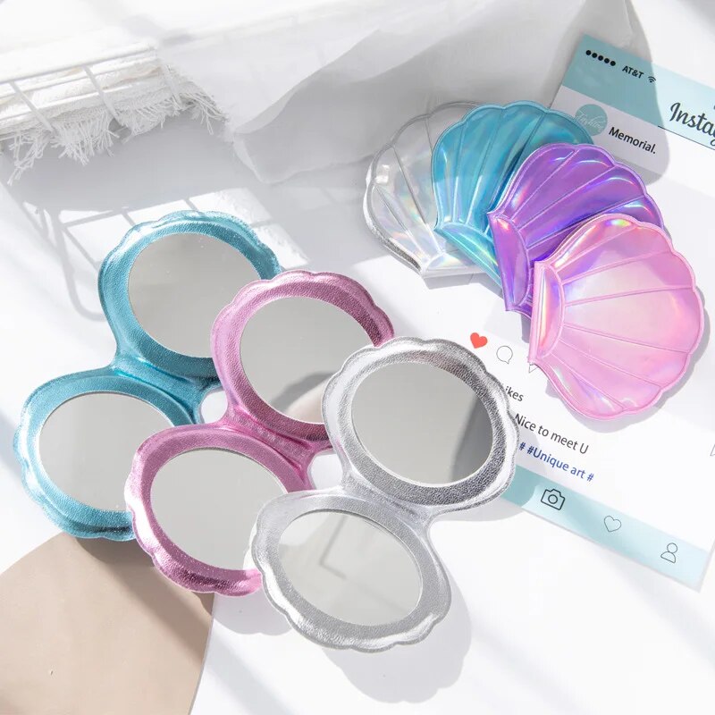 Dream Laser Color Shell Shape Makeup Mirror 2X Magnifying Mirror Portable Double-sided Folding Pocket Kawaii Makeup Accessories. 