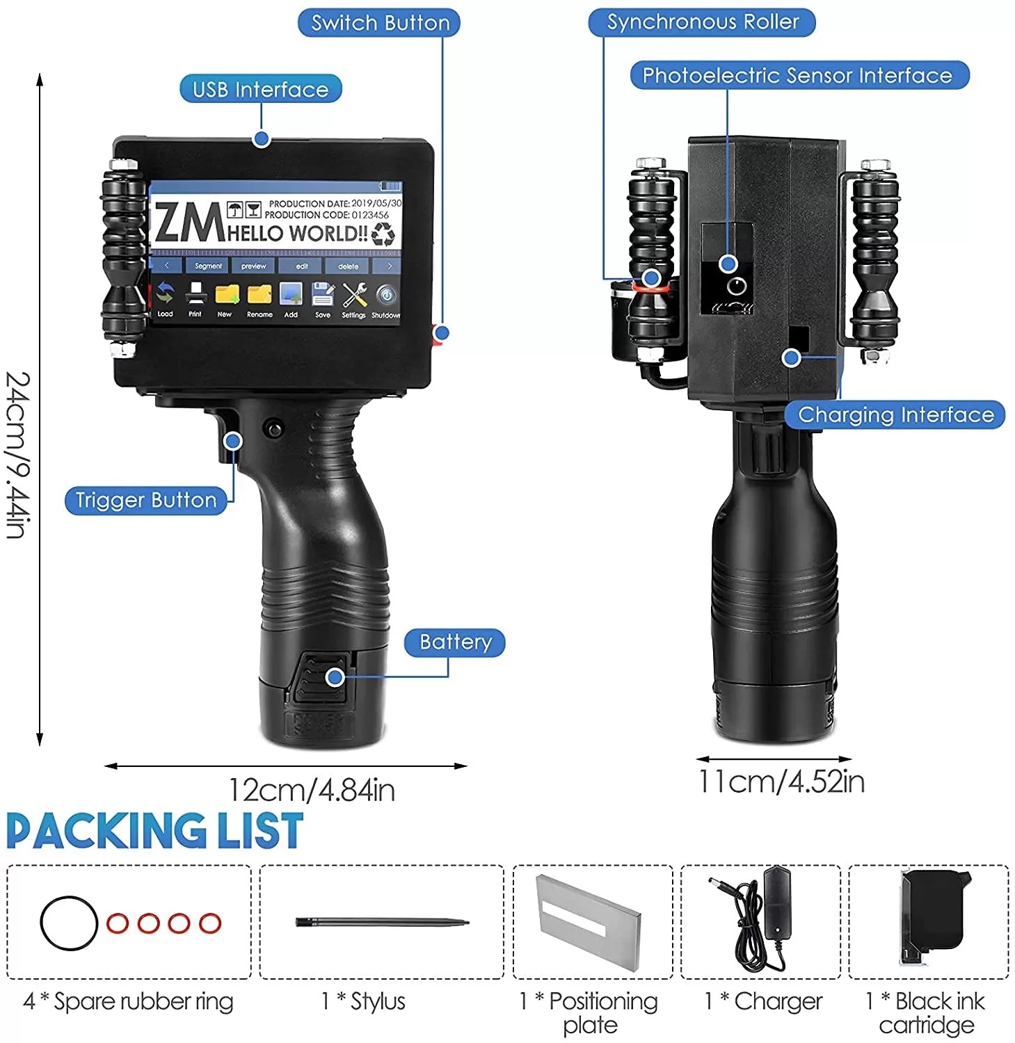 Handheld Inkjet Printer with Fast-Drying Ink Cartridge 4.3 Inch LED Touch Screen 2-12.7mm printing Text | QRCode | Barcode | Batch Number | Label | Image | Date Printer for Any Surface. 