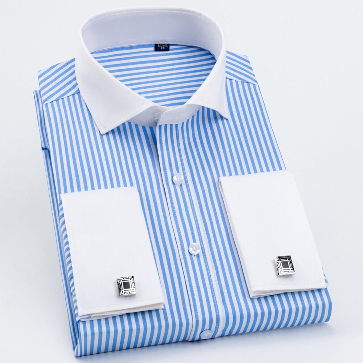 Men's Striped Spread Collar French Cuff Shirt Without Pocket Formal Business Long Sleeve Standard-fit Dress Shirts