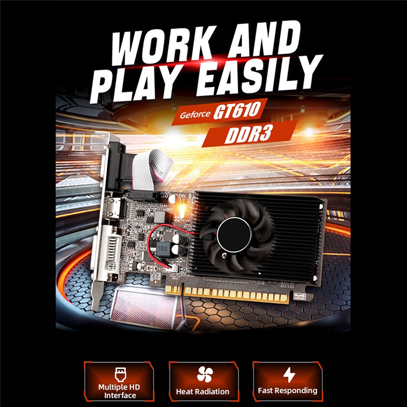 DDR3 True 2GB 810MHZ Computer Video Card PCI-E 16X HDMI-Compatible+VGA+DVI Low Noise for Desktop PC. 