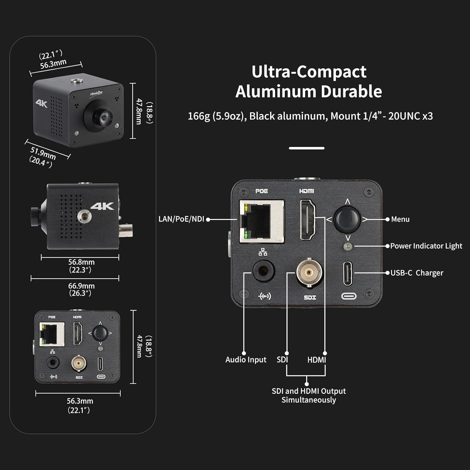 4K POV Box Camera (CS), ZowieCAM 5-50mm 12MP C-Mount Low Distortion Zoom Lens. 