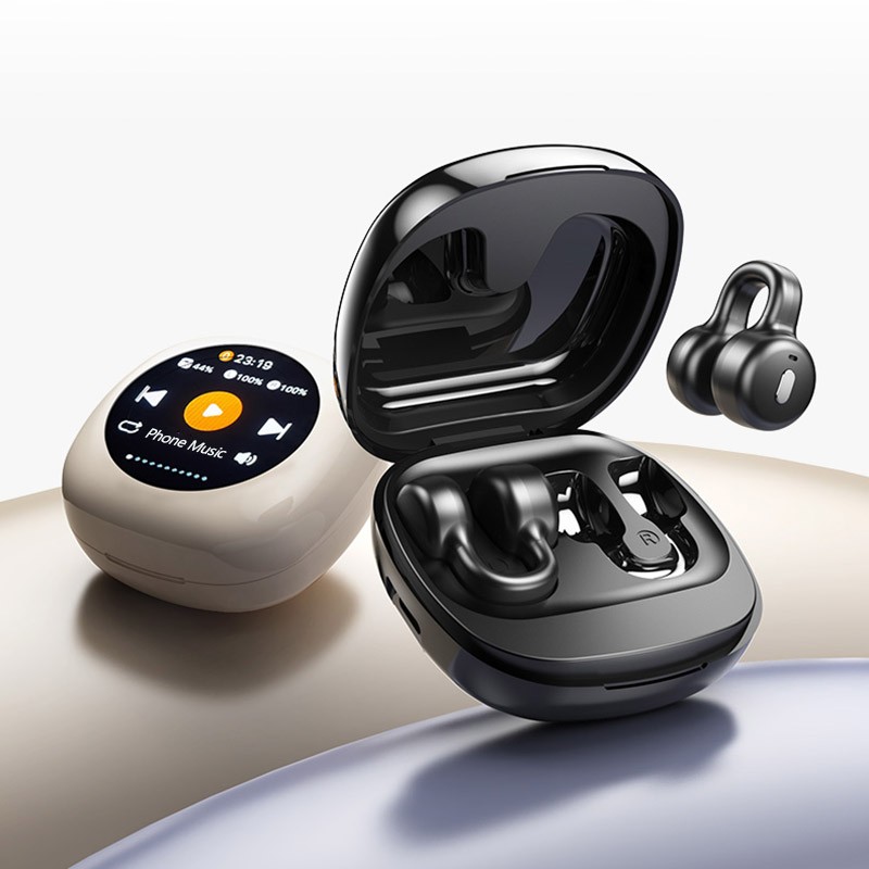 LCD Multifunctional Open Ear Clip On Headphones Built-in 1GB TF Card,Wireless Earbuds Bluetooth 5.4 Sport Earphones with TF Card Slot,2 in 1 MP3 Player Earbud with Charging Case Built-in Touch Control LED ScreeO. 