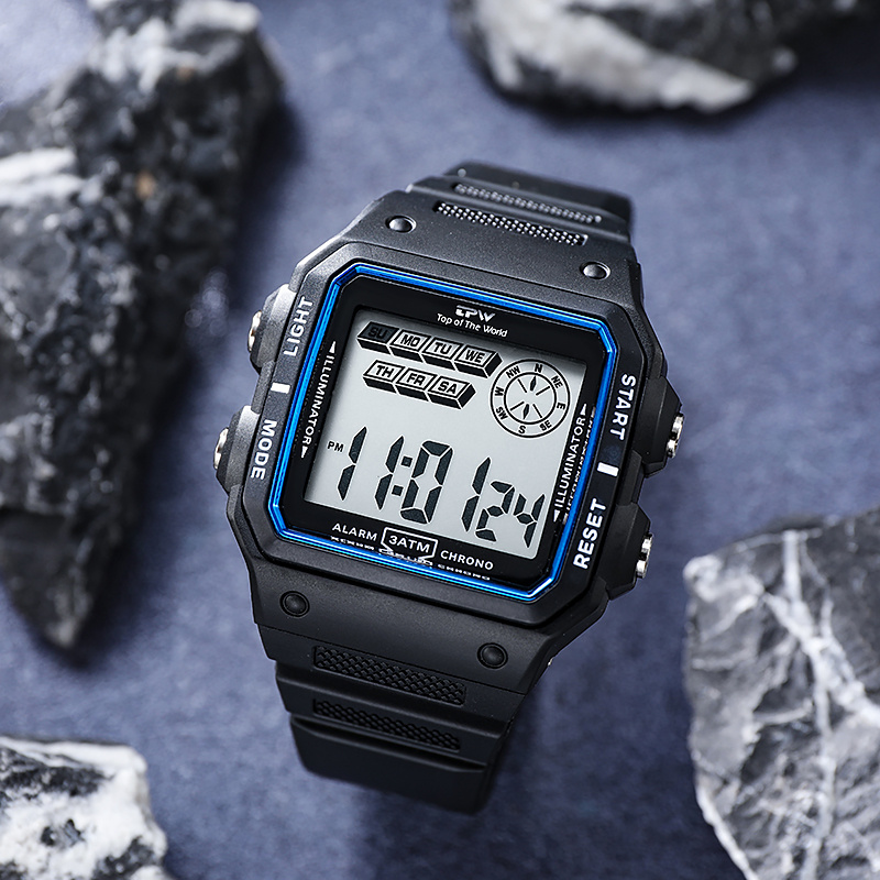 Shock Resistant Digital Watch - 3ATM Water Resistant Rectangular Dial