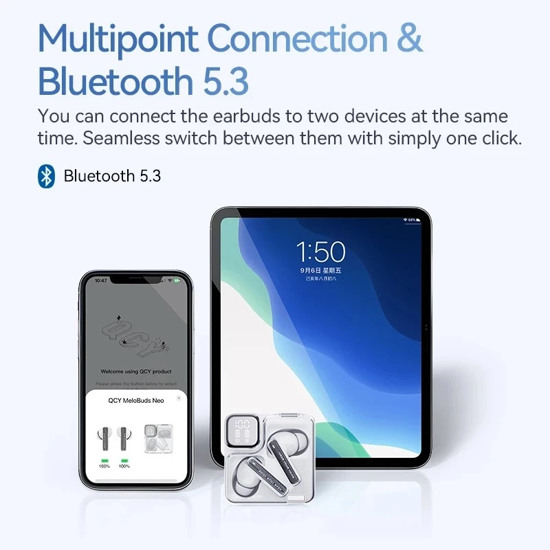 QCY T31 MeloBuds Neo Earbuds Bluetooth 5.3 LED Power Digital Display Transparent TWS Dual-Connection Wireless Earphones. 