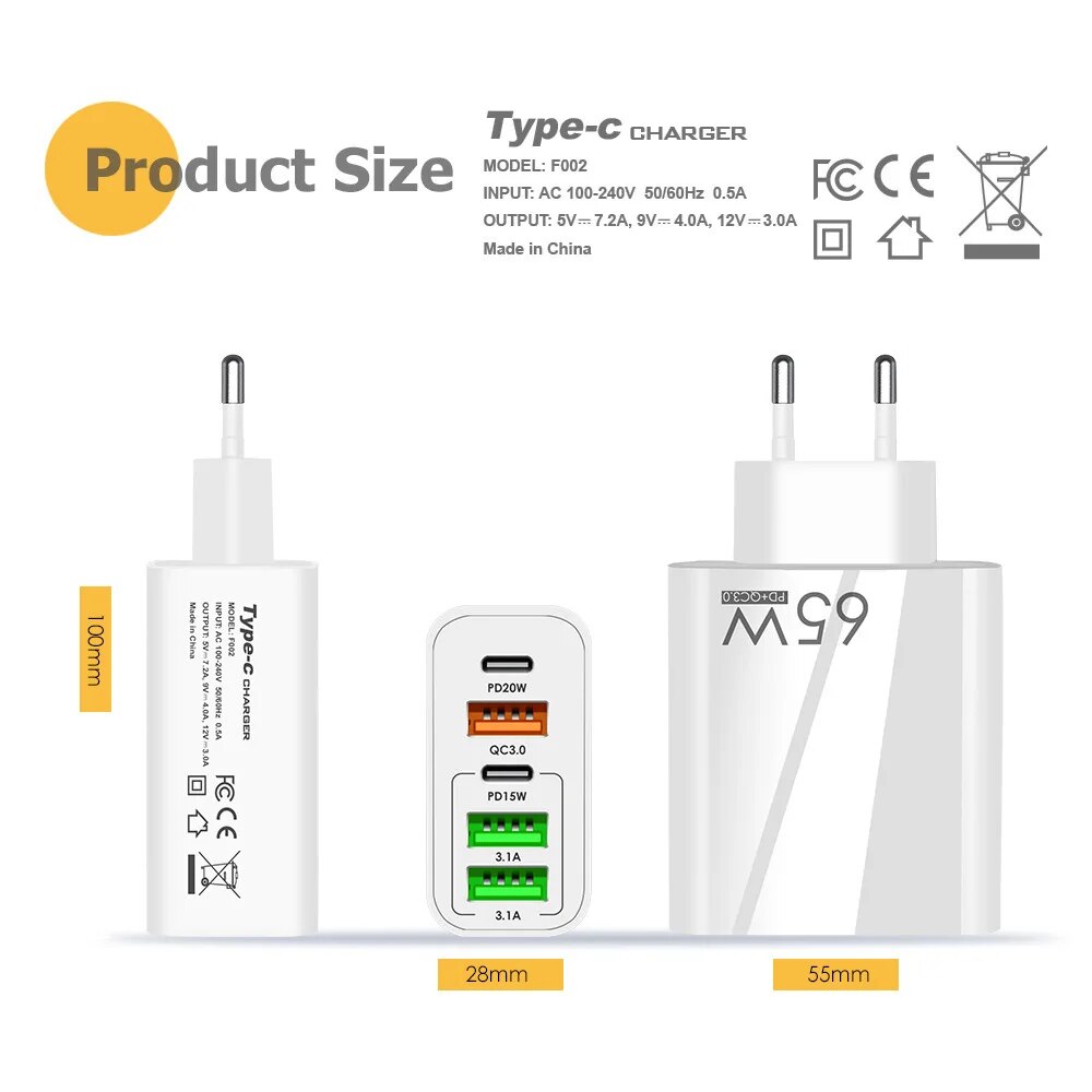 F002 65W 5-Port USB PD Charger 3USB-A+2USB-C PD QC3.0 Fast Charging Wall Charger Adapter EU Plug for 12 13 14 14 Pro Smart Phone. 