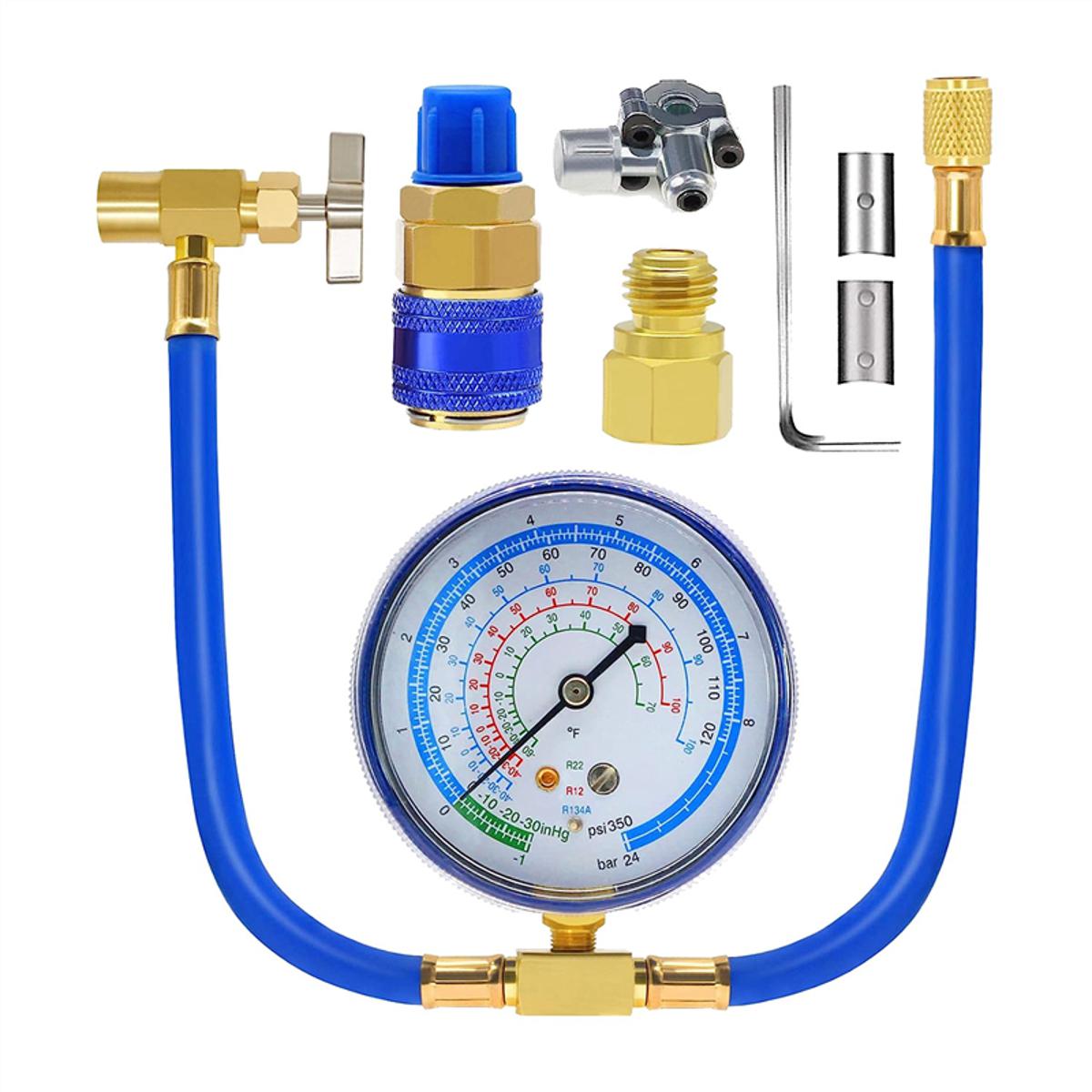 1Set ACR134A Refrigerator Freon Recharge Kit AC Charge Hose with Gauge Piercing Can Tap and Self-Sealing Adapter Blue 134A Refrigerator Recharge Kit