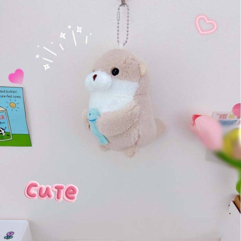 Cute Wishing Doll Otter Hold Fish Key Chain Trinket Plush Backpack Charms Cartoon Anime Key Ring Girls
