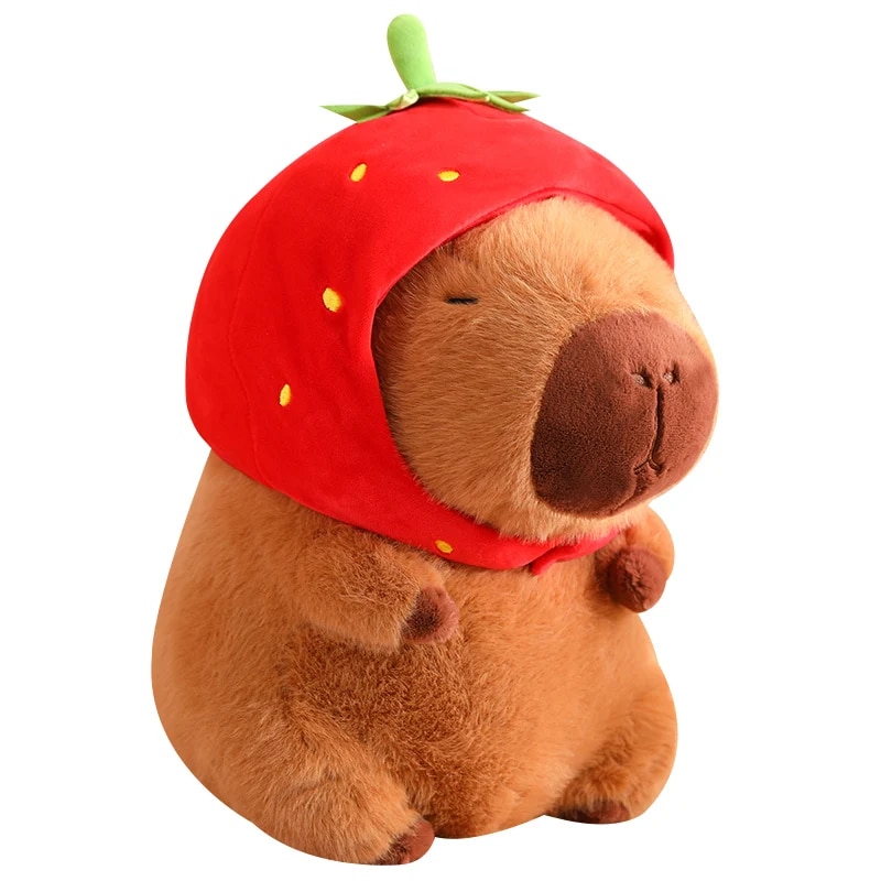 Strawberry Hat Capybara Plush Toy Simulation Turtle Backpack Capibara Stuffed Animals Papa Hand Circle Ring Small size Pendant. 