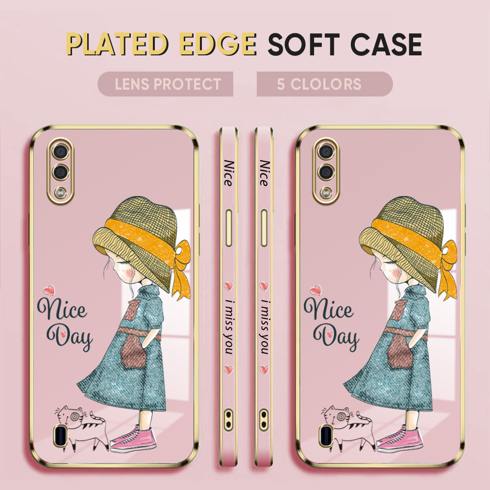 For Samsung Galaxy A01 Back Cover Luxury 6D Plating Lovly Girl Side Pattern Soft Silicone Square Mobile Phone Case. 