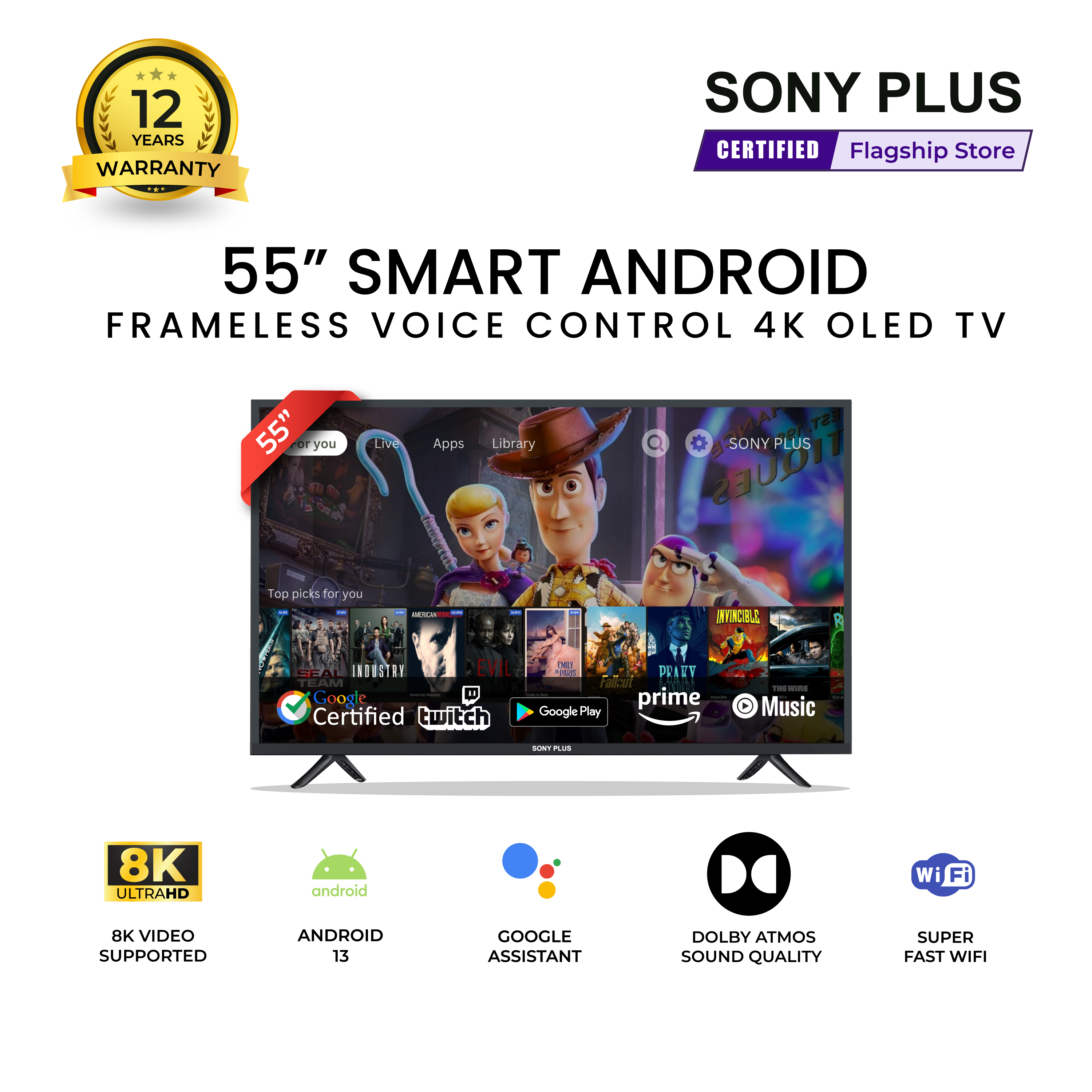 Sony Plus 55 inch Frameless Voice Control Smart LED TV Wi-Fi UHD 8K Supported Android Television