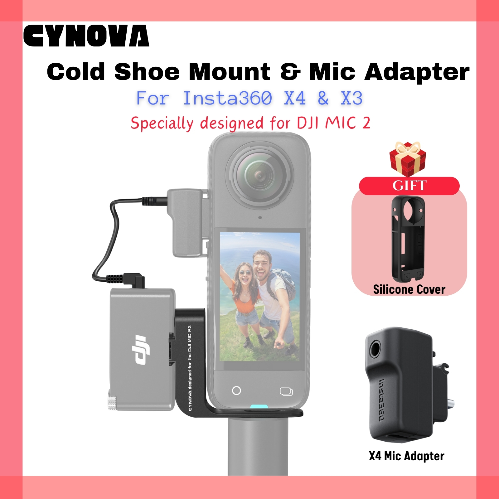 CYNOVA For Insta360 X4 Cold Shoe Mount Audio Mic Adapter Microphone Receiver Holder For DJI Mic2 RX Insta 360 X4 X3 Accessories