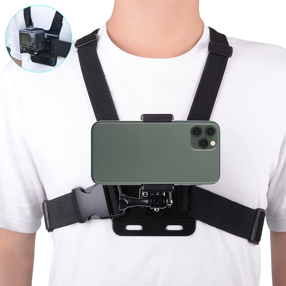 Chest Strap Mount with Jhook for Action Camera and Phone- GoPro (HERO11,Mini,10,9, 8/7/6/5/4/3+/3/2, MAX, Session, Fusion) DJI Osmo Action, Insta360. 