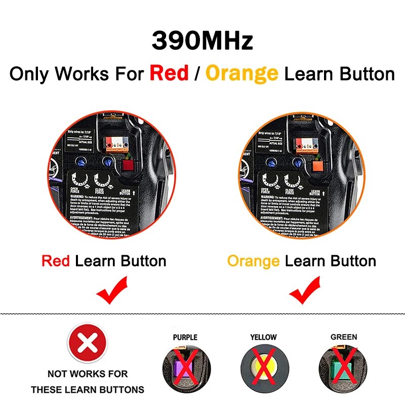 973LM 971LM 970LM 972LM 974LM 91LM 92LM 94LM 96LM Remote Control Garage Door Opener 390MHz RED ORANGE Learn Buttons. 