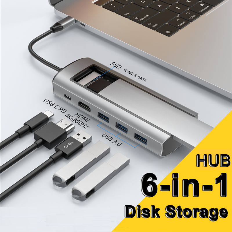 6-in-1 USB Hub With Disk Storage Function USB Type-c to HDMI-Compatible Laptop Dock Station For Macbook Pro M.2 SSD NVMe SATA