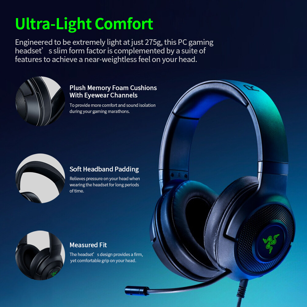 Razer Kraken X-USB Gaming Headset Earphone 7.1 Surround Sound Ultra Light Headphone Bendable Cardioid Microphone Custom-Tuned 40mm Drivers. 