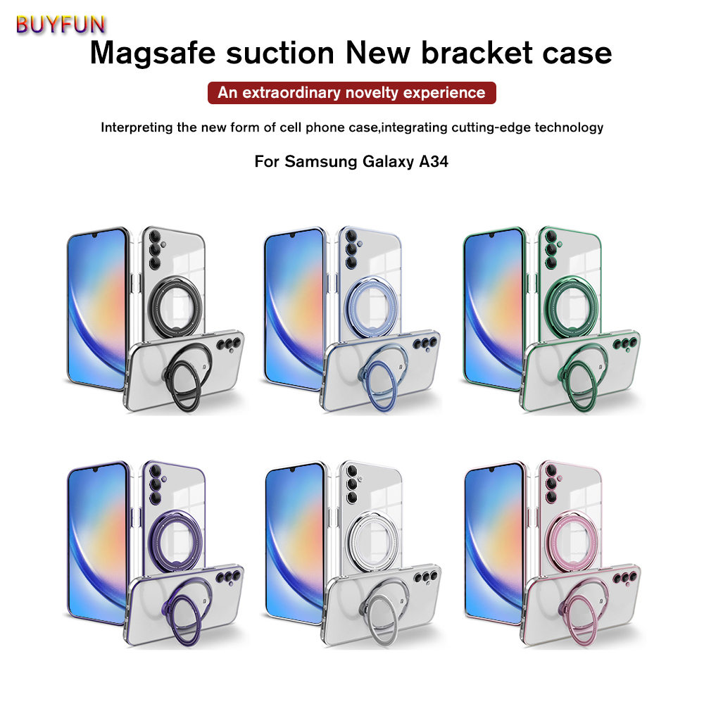For Samsung Galaxy A34 5G Ring Stand Ultra Thin Drop Proof Case For SamsungA34 GalaxyA34 Plating Magsafe Bracket Back Cover Fingerprint Resistance
