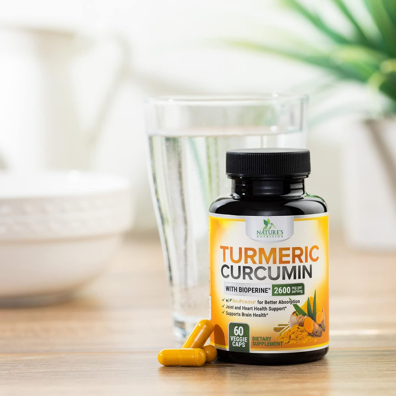 Turmeric Curcumin Supplement 60 Capsules with BioPerine & Ginger 95% Standardized Curcuminoids 2600mg Black Pepper for Max Absorption Joint Support. 