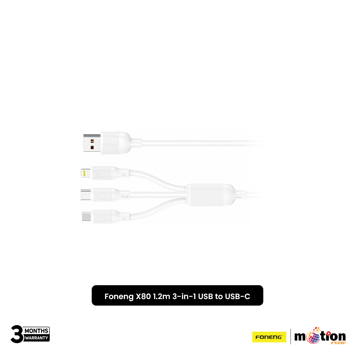 Foneng (X80) 100W 1.2M 3 in1 USB to USB-C / Lightning / Micro USB Cable. 