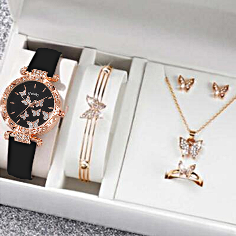Fopul Mall 6pcs Set Casual Fashion Metal Jewelry and Butterfly Women Leather Watch Butterfly Bracelet Necklace Girls Watches No Box
