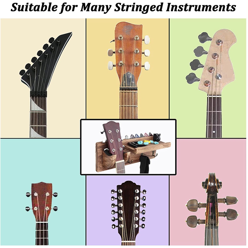 Guitar Wall Hanger Guitar Holder Wall Mount Bracket Hanger Guitar Wood Hanging with Pick Holder and 3 Hooks Carbonized. 