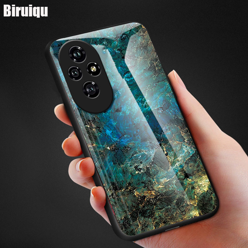 Biruiqu For Honor 200 Shockproof Fashion Marble Tempered Glass Back Case Cover
