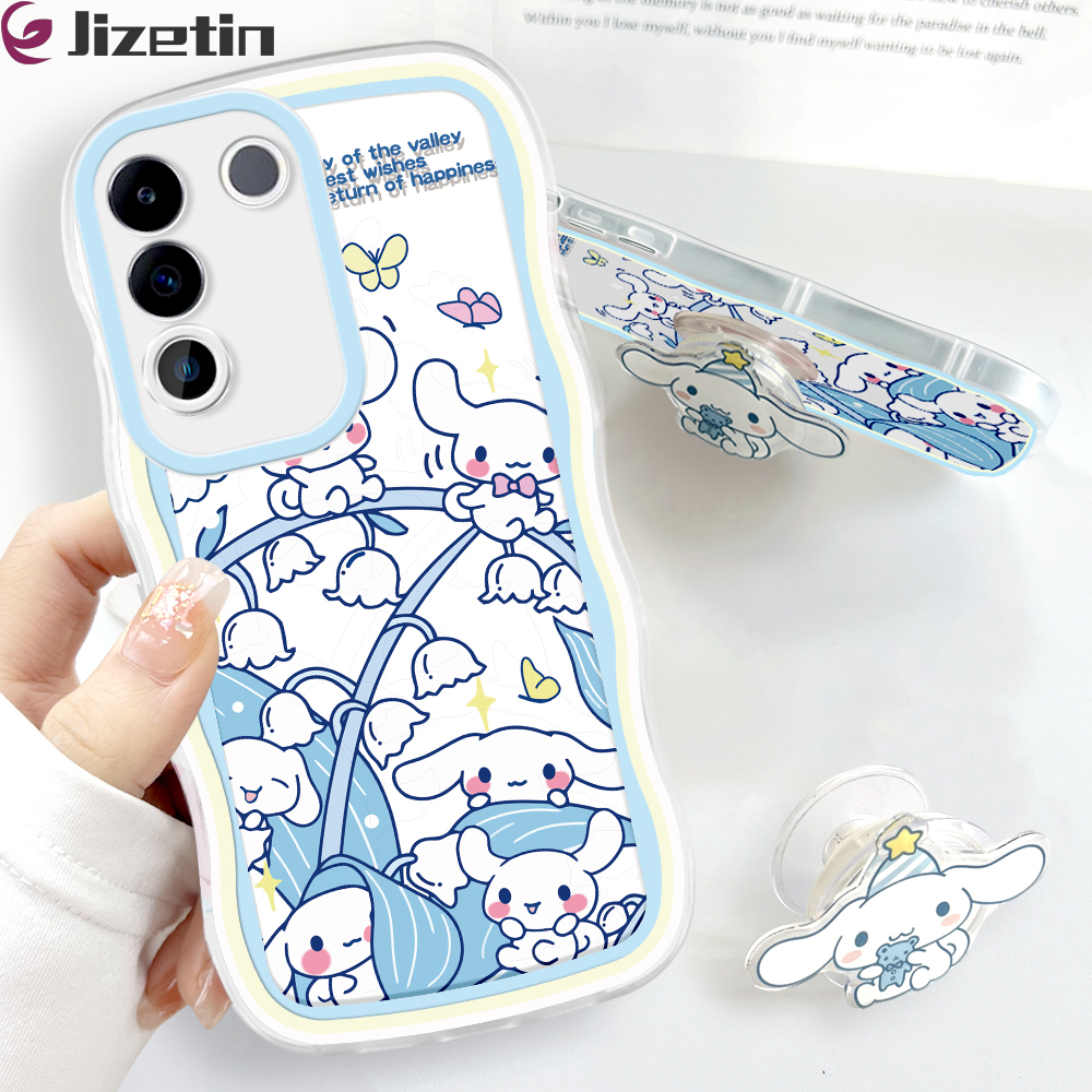 Jizetin for Vivo V27E Back Cover + Free Pop Socket Sweet Melody Soft Wavy Shape TPU Phone Case For Girls Boys