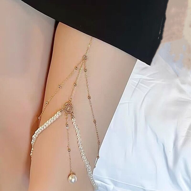 European and American fashion nightclub style pearl pendant tassel thigh chain for women ins creative personality long body chain jewelry