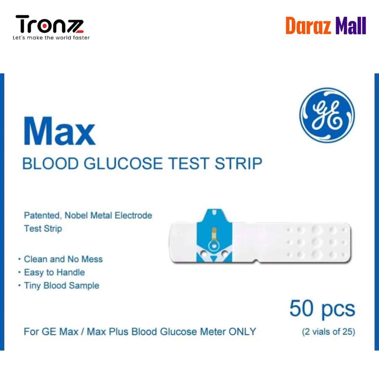 GE Max / Max Plus Blood Sugar Glucose Test Strip 50 Pcs (2 Vials of 25) Long Expiry by TRONZZ.com