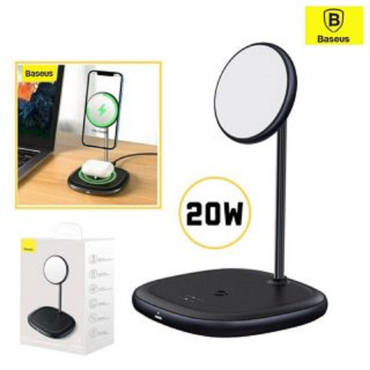 Baseus Swan 2-in-1 Wireless Magnetic Charging Bracket 20W Black ( Charging Quick Charger 12V/2A (US) Black +USB For type-C 3A 1m). 