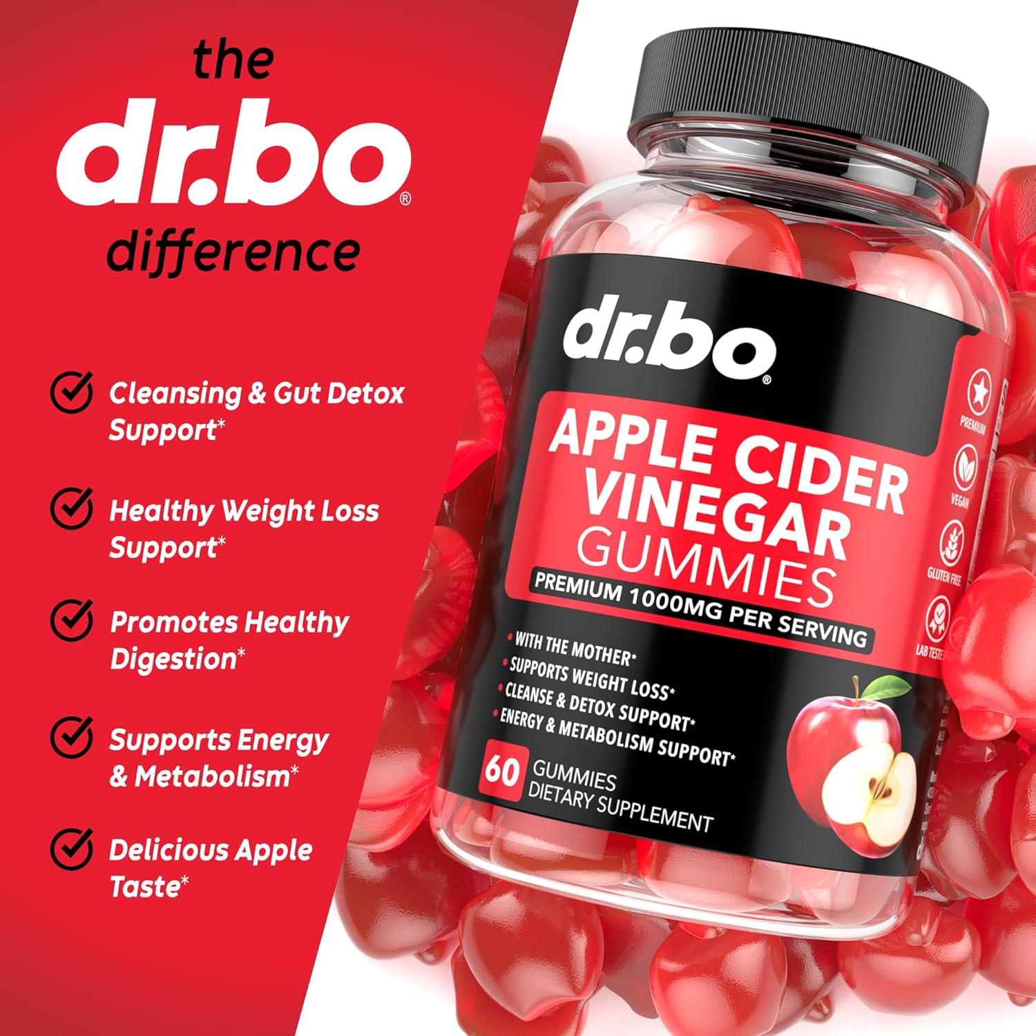 Dr Bo Apple Cider Vinegar Gummies - Natural Support for Advanced Weight Loss Detox Cleansing Digestion Plus Gut Health - ACV Gummies Supplements with 1000MG Apple Cider Vinegar Gummy with The Mother. 