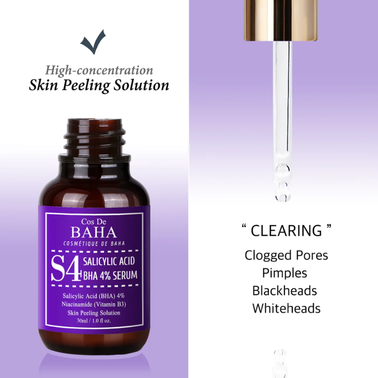 Cos De BAHA Salicylic Acid BHA 4% Salicylic Acid 4% Exfoliant Facial Serum with Niacinamide - BHA for Peel, Acne Spot Treatment + Redness Relief + Pore Minimizer + Pore Cleaner + Alcohol Free, 1oz (30ml). 