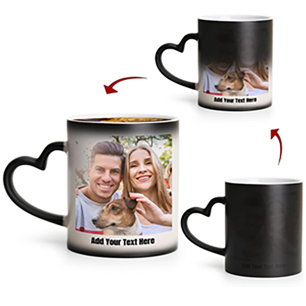 Customize The Black Magic Mug With Name - Logo - Special Gain Heart Handle - And Photo For A Unique Personalized Touch. 